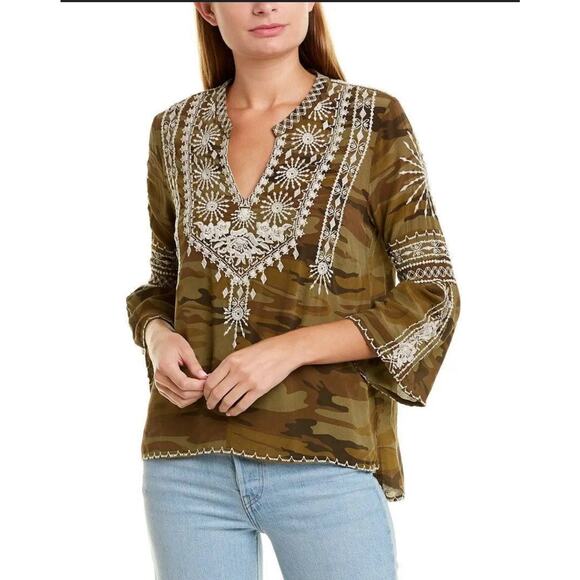 Johnny Was Tops - JOHNNY WAS Workshop 100% Silk Ciro Camo Embroidered Flare Sleeve Tunic Blouse
